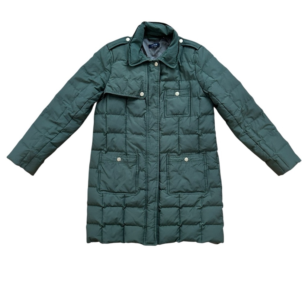 J crew green puffer jacket long size medium army green
